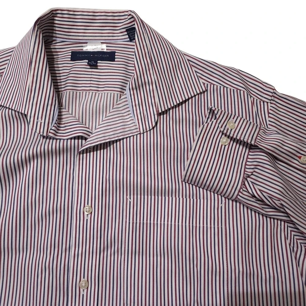 Tommy Hilfiger Dress Shirt Mens 16 32/33 Red Blue Stripe Classic Cotton